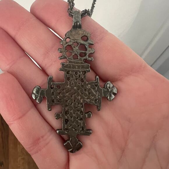 Distressed Ethiopian Coptic Cross Pendant Bronze Tone Long Necklace - Picture 2 of 4